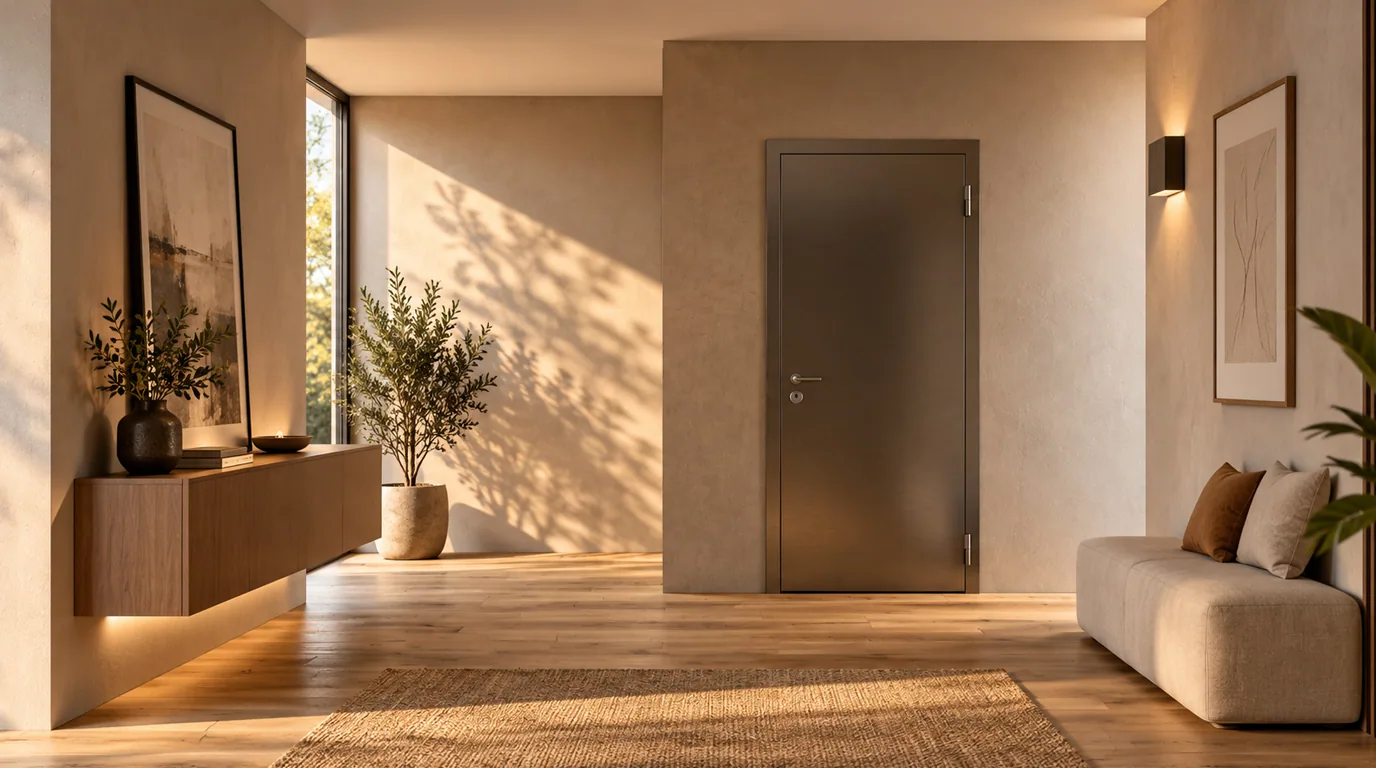 Porta blindata in un ingresso con pareti in cemento e luce naturale
