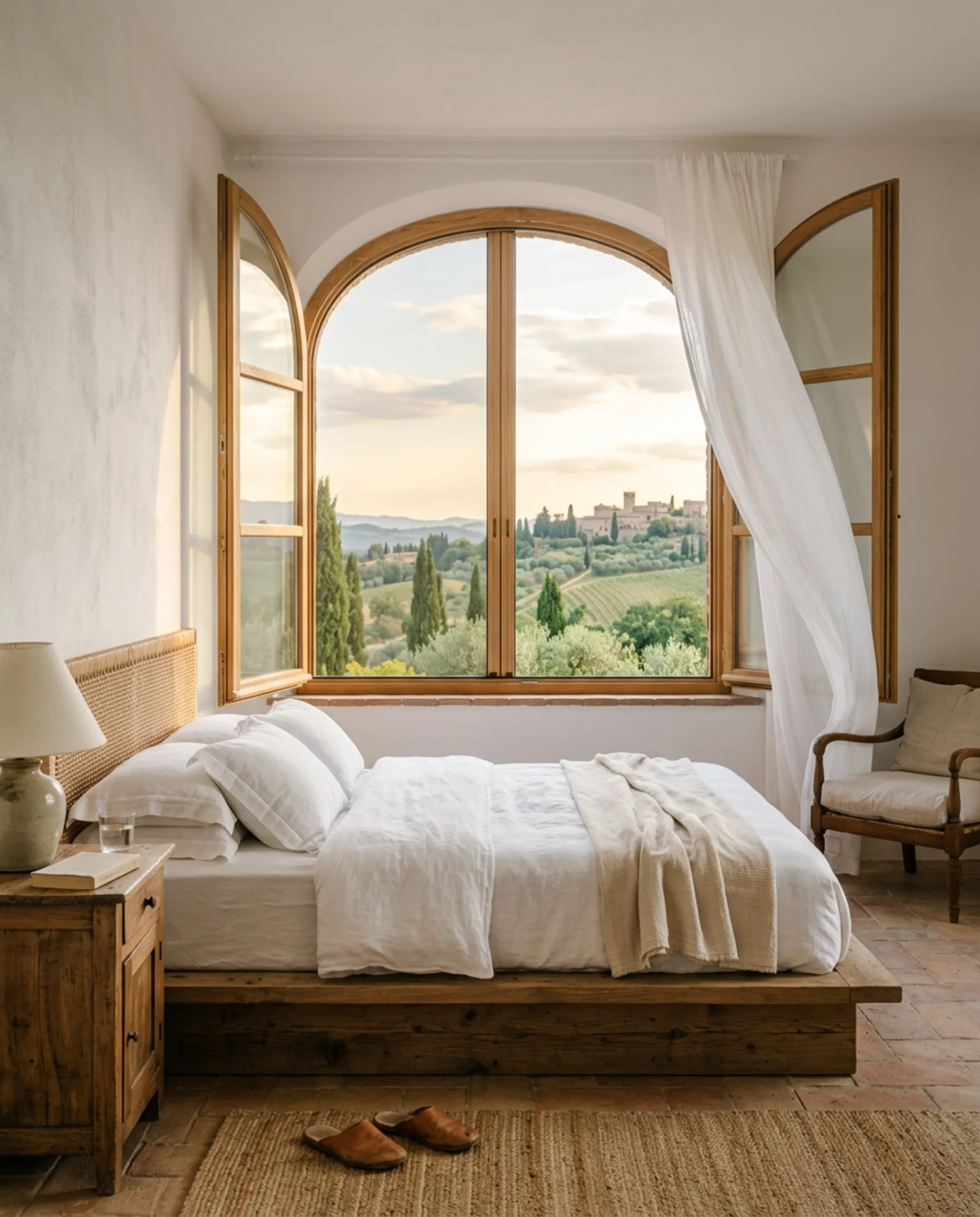 Camera con finestra ad arco e vista sulle colline