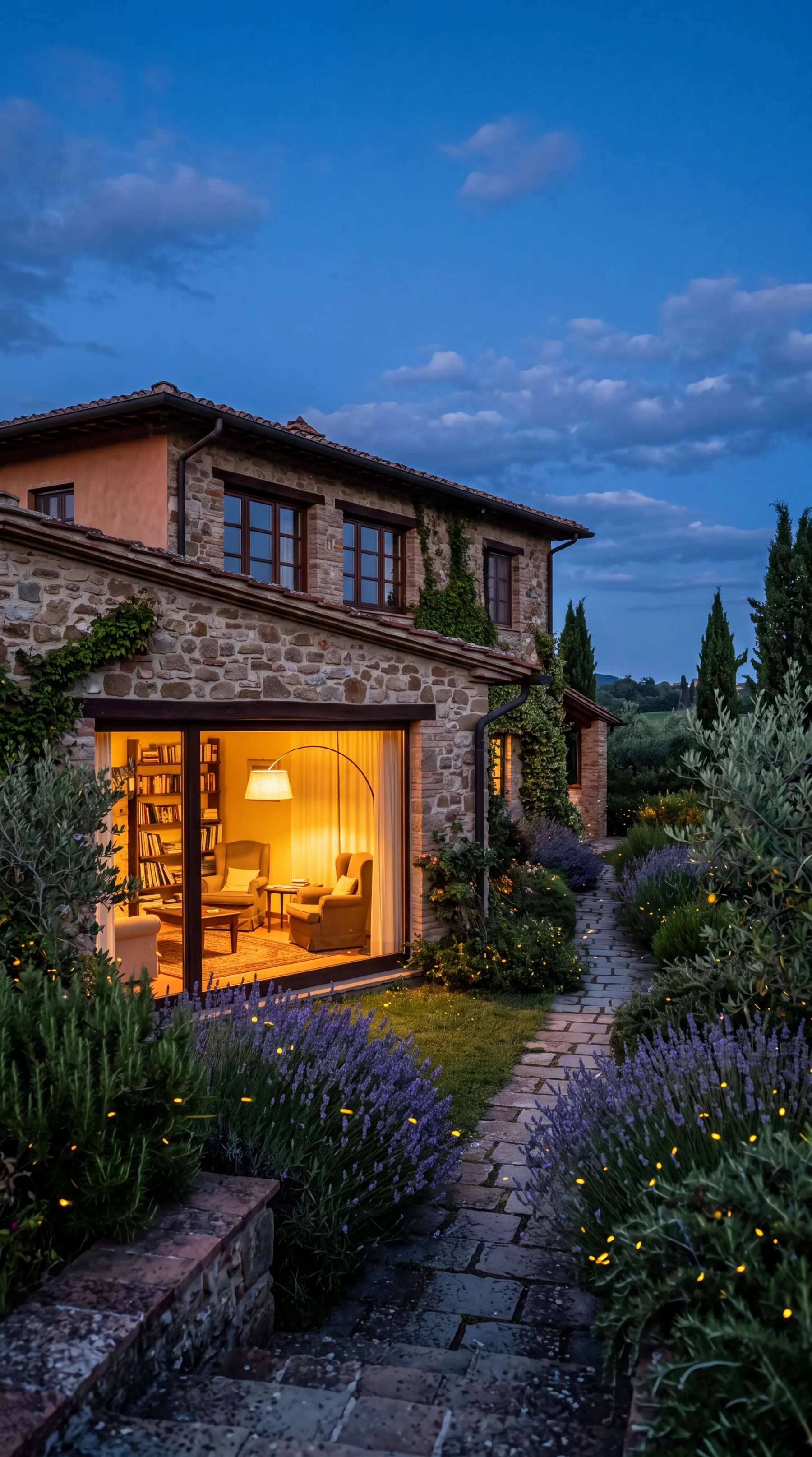Casa in pietra ristrutturata con finestre illuminate la sera
