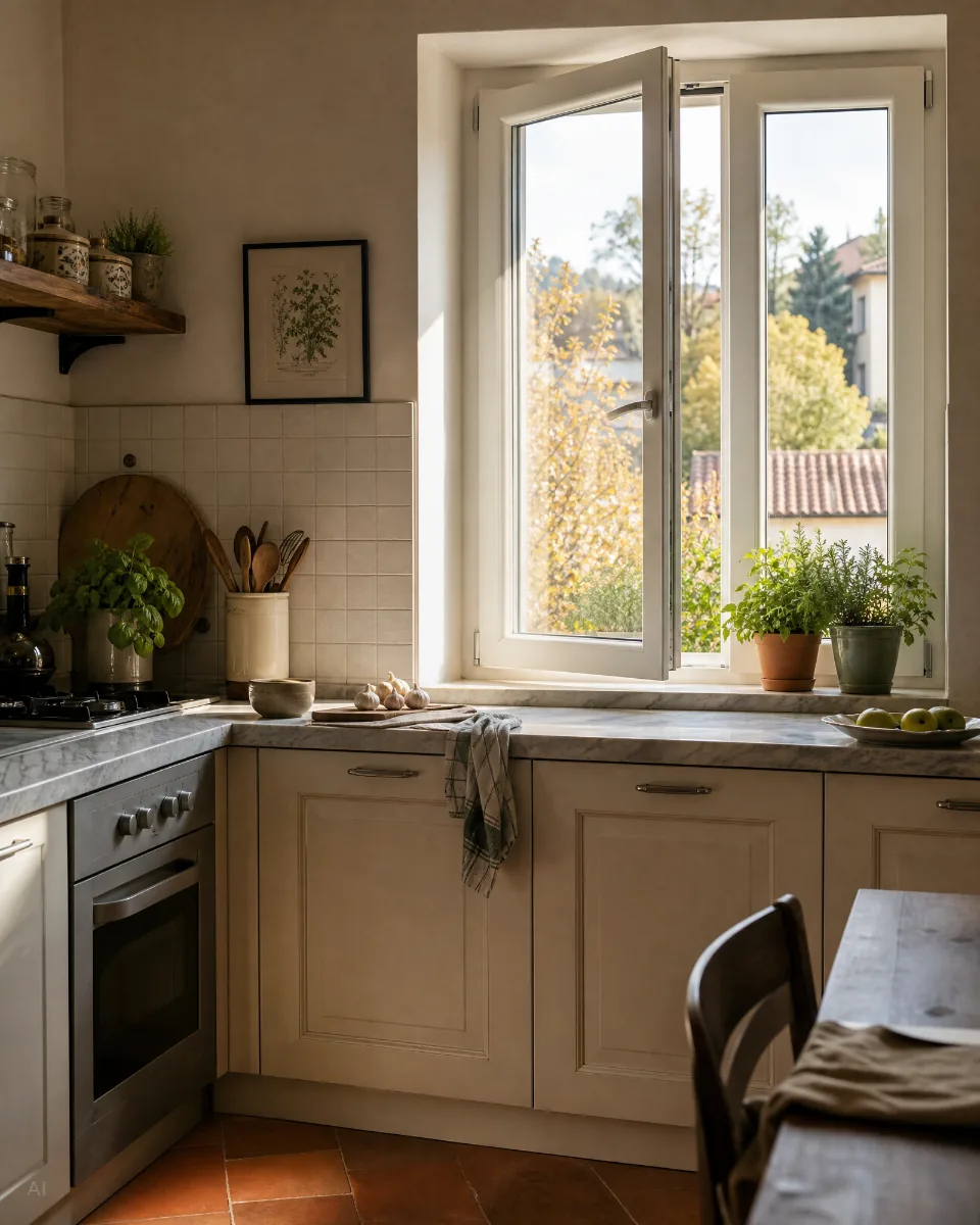 Finestra a doppia anta appena montata in una cucina luminosa