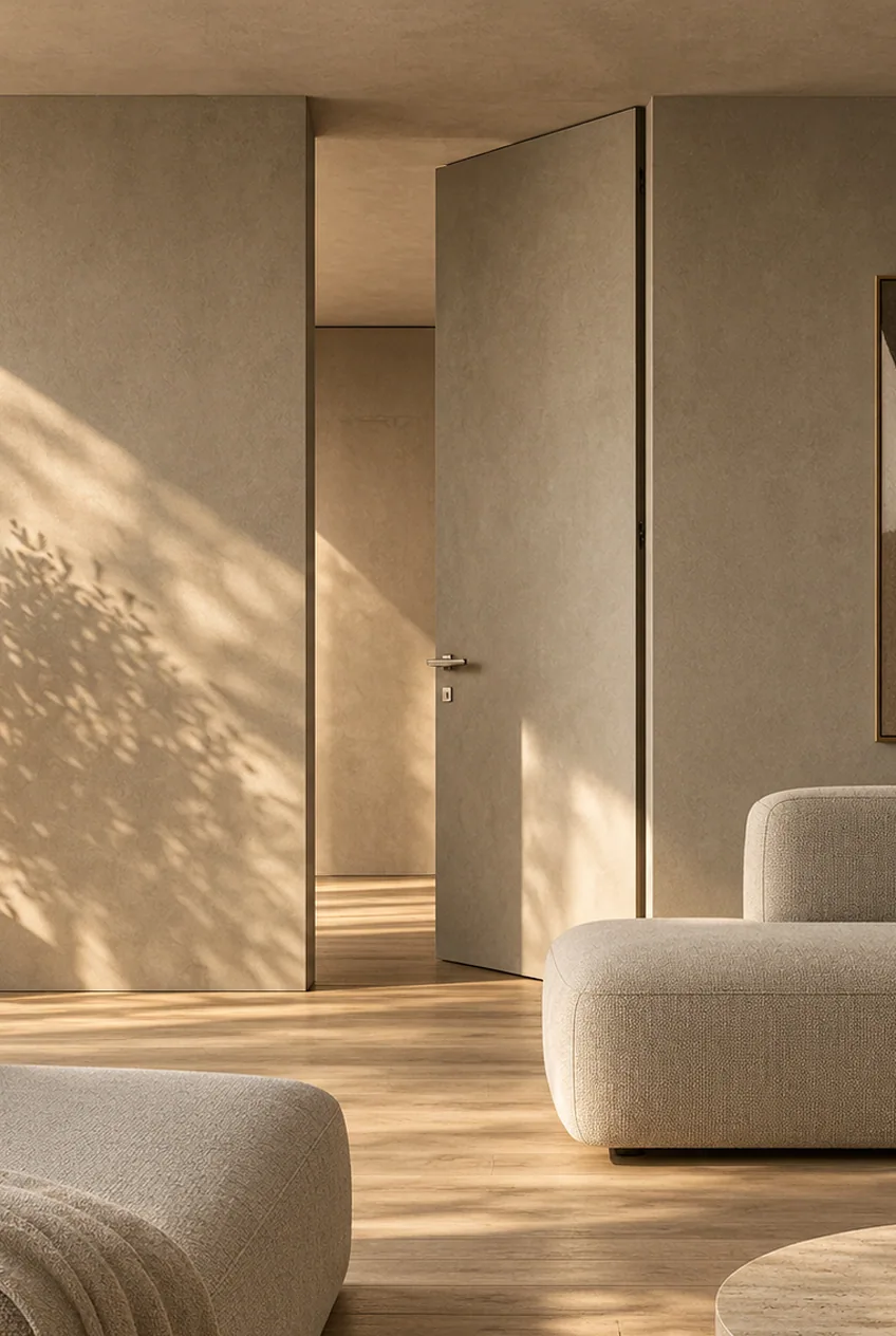 Porta interna scura in un ingresso minimale con pavimento in legno