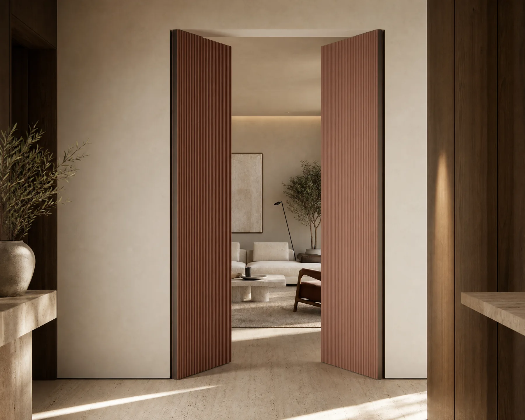 Porte interne a doppia anta in legno su un ingresso luminoso