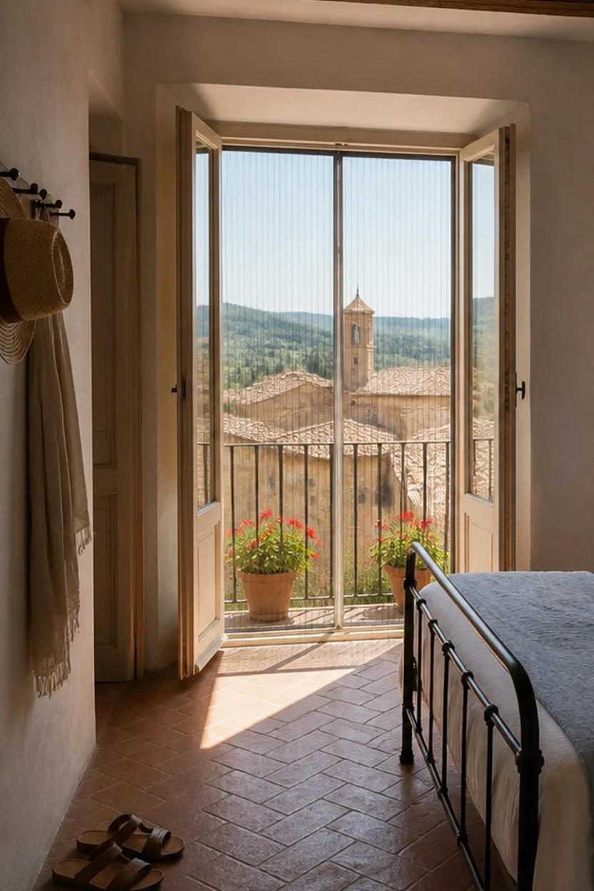 Finestra aperta con tenda leggera e schermatura in una stanza essenziale